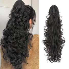 MY-LADY Ponytail Extension, 24" Claw Clip Ponytail Hair Extension for Women Wavy Curly Hairpiece Synthetic Fake Hair Pieces Natural Black