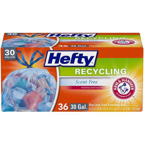 Hefty Recycling Bags Scent Free with Arm and Hammer, Blue, 30 Gallon, 36 Count (Pack of 1)