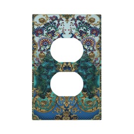 Asian Paisley Style Teal Blue Peacock Feather Bird 1 Gang Duplex Receptacle Wall Plate Jumbo Electrical Outlet Valentine's Day Lover Art Decorative Decorator Light Switch Faceplate Plug Socket Cover