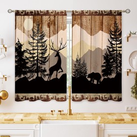 oolygoo Rustic Cabin Forest Small Kitchen Curtains Woodland Farmhouse Brown Window Treatment Bear Deer Cafe Short Window Curtains for Bathroom Dining Room Animal Tier Treatment Drapes 27.5x39 inch