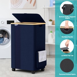 BlissTotes Laundry Basket Laundry Hamper with Lid, Collapsible Laundry Hampers, Laundry Bin, Clothes Hamper Basket with Internal Support & Wheels & Handles for Bathroom, Bedroom (100L, Navy Blue)