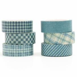 YUBBAEX 6 Rolls Checkered Masking Tape Set Grid Stripe Dots Design Washi Tape for Arts DIY Crafts Bullet Journal Supplies Planner Scrapbooking Cards Gift Wrapping (Blue)