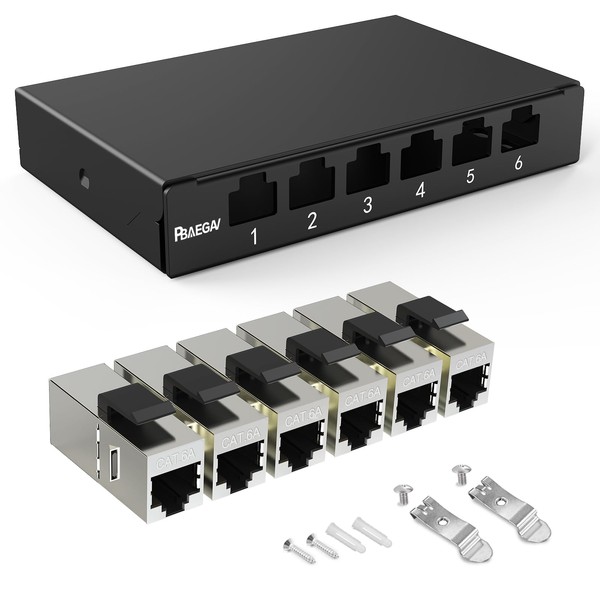 PBAEGAV Patch Panel 6 Port 0.5U with 6pcs CAT6A Coupler