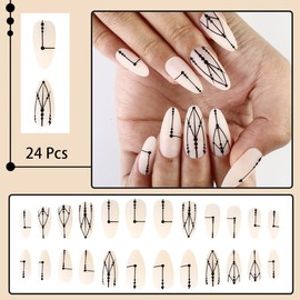 24 Pcs Almond Press on Nails Medium Length Nude Fake Nails Matte Designs Reusable French Acrylic Nails Black Geometric Lines False Nails Full Cover Stick on Nails for Women Girls Nail Designs Supply