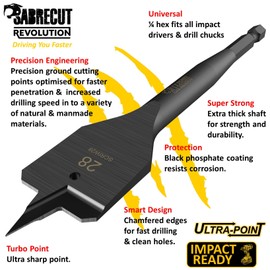 5 x SabreCut SCRIW28_5 28mm x 152mm Impact Rated Flat Wood Spade Bits Compatible with Bosch Dewalt Makita Milwaukee and Many Others
