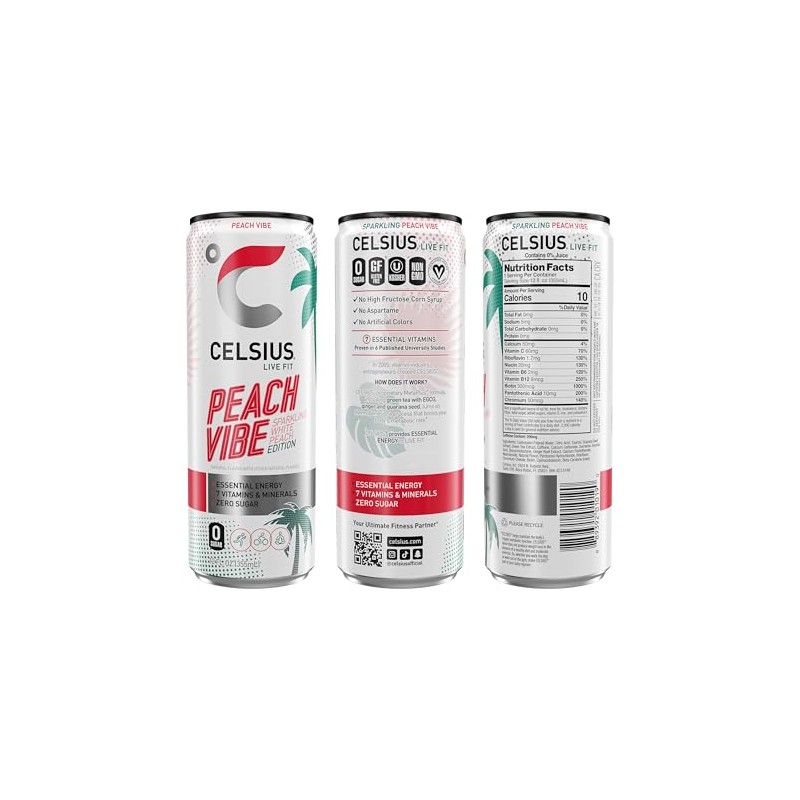 CELSIUS Bebida deportiva Sparkling Peach Vibe, sin azúcar, 12 oz.