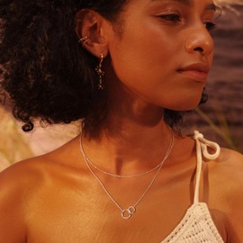 Fettero Layered Necklace Sliver Satellite Chain Choker Interlocking Infinity Hammered Circle Pendant Platinum Plated Dainty Simple 2 Generations Jewelry for Women