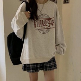 Single Piece Printed Fleece-Lined Loose Fit Sweatshirt (3 Colors) Women's Light Gray