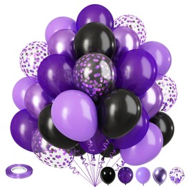 Purple and Black Balloons, 12 Inch Dark Purple Light Purple Black Balloons with Metallic Purple Confetti Latex Balloons Set for Girls Women Birthday Baby Bridal Shower Wedding Party Decorations