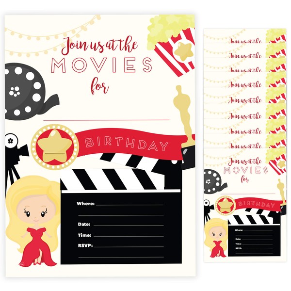 Movies Style 1 Happy Birthday Invitations Invite Cards (10 Count) With Envelopes Boys Girls Kids Party (10ct)