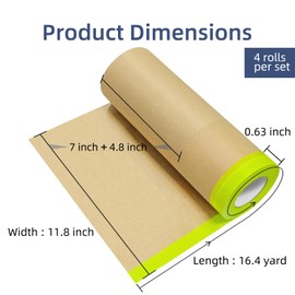 AMOGATO 4 Rolls Pre-Taped Masking Paper for Painting, 12'' x 50FT (30cm) Professional Painters Tape and Paper, Water-Resistant Kraft Paper for Window Trim, Automotive & Furniture