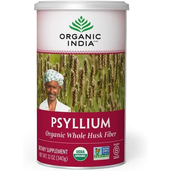 Organic India Psyllium Herbal Powder - Whole Husk Fiber, Healthy Elimination, Keto Friendly, Vegan, Gluten-Free, USDA Certified Organic, Non-GMO, Soluble & Insoluble Fiber Source - 12 Oz Canister (Pack of 1)