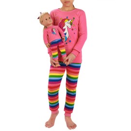 HDE Girls Unicorn Pajamas with Matching Doll Outfit Cotton Pajama Set for Girls Pink Pink Rainbow Unicorn/Long - 12