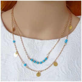 Cimenexe Bohemian Layered Turquoise Bead Choker Necklace Coin Dangle Necklace Blue Turquoise Choker Gold Disc Choker Necklace Natural Stone Necklace Chain Jewellery for Women and Girls