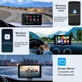 Compatible Wireless Apple CarPlay Android Auto Screen for Car, 7" Touch Screen Naivgation Car Stereo Portable CarPlay Bluetooth Mirror Link, Siri, AirPlay, AUX, Voice Assistant