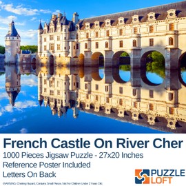Jigsaw Puzzle for Adults 1000 Pieces - French Castle On River Cher - Size Large 27 x 20 inch - Refrence Poster 11x16, Sturdy Tight Fitting Pieces, Letters On Back, Rated Hard