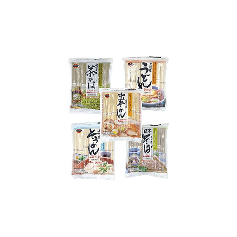 J-Basket Japanese Noodles 5-Pack Set - Ramen, Udon, Somen, Buckwheat,