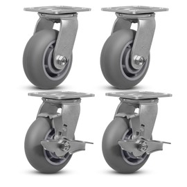 HANDSAMMU 5" x 2" Thermoplastic Rubber Wheels (Crown Tread)- Set of 4 Heavy Duty Casters- 1600 LB Capacity- No Noise Plate Caster for Furniture Platform Trucks Workbench (2 Brake & 2 Swivel)