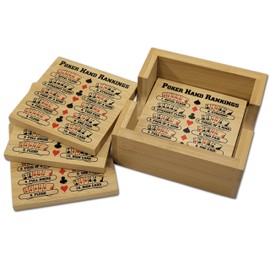 Poker Hand Rankings on Square Bamboo Coasters with Holder - Conveniently Know The Ranking of Hands While Playing Poker