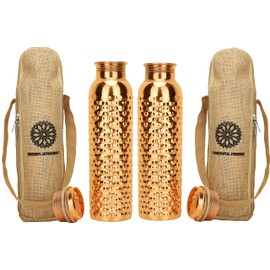 34 Oz Copper Bottle For Drinking Pack of 2 Pure Copper Ayurvedic Water Bottle Leak Proof Copper Vessel With Carrying Bag For for Sports, Gym,Yoga Travel,Water Bottle for Gym,Office,Hiking - Set Of 2