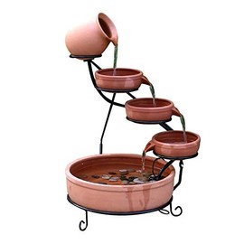 ASC Cascade Ceramic Solar Water Fountain Bowls 5 Tierd with Panel Pump Cascading Garden Decoration Bird Iron Frame (Terracotta with Battery and Led)