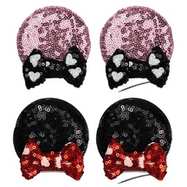 2 Pairs Sequin Mouse Ear Clips with Glittering Bow with Heart, Girls' Hair Barrettes Hair Accessories for Theme Birthday Party Festival Decoration (heart bow)
