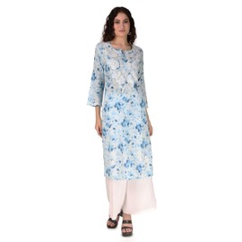 ladyline - Túnica Kurta de algodón suave para mujer, estampado de césped de Chikankari Lucknowi, para trabajo a mano, Azul (N), 38