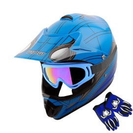 WOW Youth Kids Motocross Helmet BMX MX ATV Dirt Bike Helmet Spider Blue + Goggles + MG Youth Blue Glove Bundle