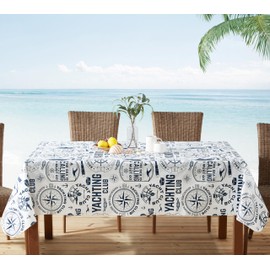 Newbridge Vinyl Rectangle Tablecloth with Flannel Backing, 60 x 120 Inch, Sailing Club, Waterproof, Soil Resistant Dining Room, Party and Banquet Table Cover, Cape Cod Nautical Blue
