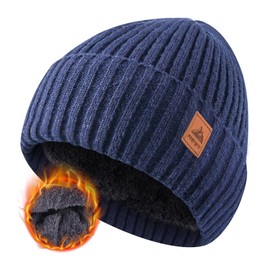 FORVEVO Men's Winter Thermal Knitted Hats for Men, Warm Fleece Running Hat Beanie, navy