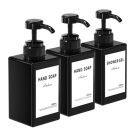 Anhow 3 x 450 ml Shampoo Bottles for Filling, PETG Soap Dispenser Plastic with Category Labels for Empty Refillable Pump Bottles - Black