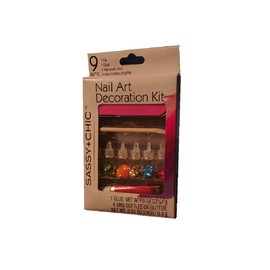 9 pcs Nail Art Decoration Kit Make Up Decals File Glue Manicure Sticks 6 Mini Bottles of Glitter