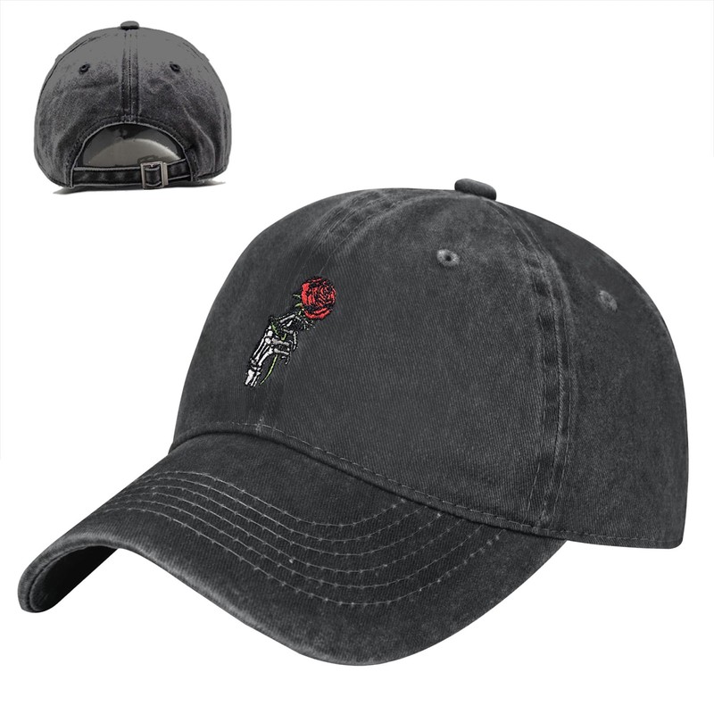 ANSGSD Skeleton Skull Rose Hat, Adjustable Embroidered Washed Baseball Cap
