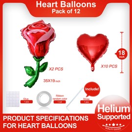 12 Pcs Red Heart Shaped Balloons 18 Inch Red Rose Valentine Balloons for Valentines Day Bridal Shower Wedding Party Decorations