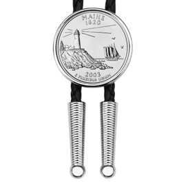 US 2003 Maine State Quarter BU Uncirculated Coin Simple Silver Slide Bolo Tie NEW - 36" Black Leatherette Cord