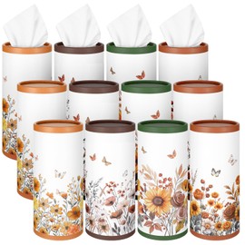 Fourluoo 12 Pack Spring Floral Tissue Boxes for Car Cylinder Bulk Wildflower Round Cylinder Holder with 3 Ply Facial Tissues for Spring Travel Bathroom Office Decoration Supplies