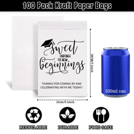 JarThenaAMCS 100Pcs Graduation Cookie Treat Bags White Self Adhesive Sweet Endings to New Beginnings Candy Gift Congrats Grad Buffet Bags for 2025 Class School Party Supplies, 5.1 x 7.1 Inch