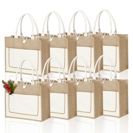 8 pcs Reusable Jute Tote Bags Bulk with Handles, 16.53 x 12.63 x 5.53 inch Natural Gift Burlap Tote bags Bulk for Grocery Shopping Weddings Travel Beach,Bachelorette Parties & DIY Embroidery