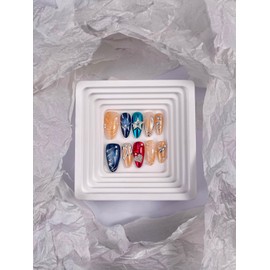 RDNTBEU Press on Nails Beach Medium Almond 3D Fake Nails Reusable Luxury Handmade False Nails with Design Pearl Heart Solid Star,Press ons Muti-Layer Acrylic Handmade Nails for Wome Manicure(Size S)