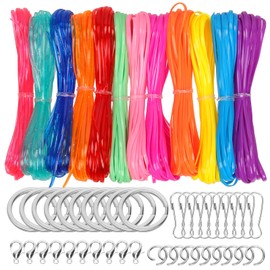 Cimeton 52PCS 12 Colors Lanyard String Kit Laser Plastic String with Key Chain Rings, Snap Clips and Lobster Clips Assortment Kit for Crafts Bracelets Jewelry DIY Making(Bright & Glitter Color)