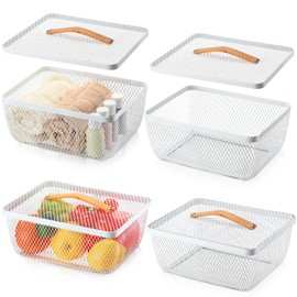 Tandefio 4 Pcs Metal Mesh Basket with Lid and Wooden Handle 9.65 x 7.68 Inch Wire Storage Basket Garden Baskets Organizer Containers for Vegetable Fruit Picnic Kitchen Bathroom (White)