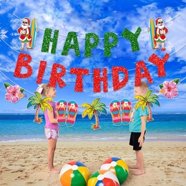 Pre-Strung Christmas Happy Birthday Decorations Banner for Christmas July Red Green Glitter Summer Hawaiian Santa Garland Photo Props Tropical Family Holiday Party Decorations NO DIY