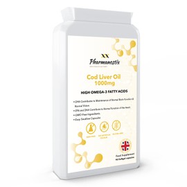 Cod Liver Oil Supplement (1000mg) - 90 Soft Gel Capsules-Daily Omega 3 Supplement with DHA and EPA Essential Fatty Acids- Enriched with Vitamins A and D-Pharmanostix