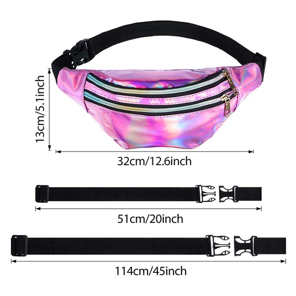 2 Pieces Fanny Pack for Women Kids, Shiny Holographic Rave Cute Waistbag, Waterproof Neon Crossbody Bag Waist Bags for Festival Party Travel Hiking Outdoor Activities (Silver, Pink,)
