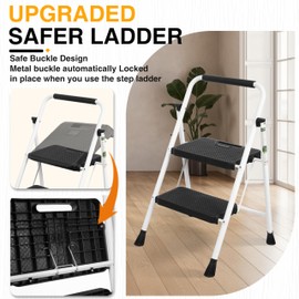 2 Step Ladder, Portable Steel Folding Step Stool with Wide Anti-Slip Pedal & Convenient Handgrip, 500lbs Sturdy Steel Ladder, White