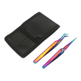 OdontoMed2011 Set of 2 Stainless Steel Multi Titanium Rainbow Color 3D Eyelash Extension Tweezers Semi Angled + X Type Self Retracting Fine Point Jewelry-Making, Laboratory Work