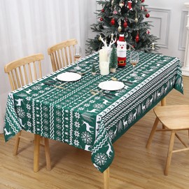 LuxFocus Boho Christmas Tablecloth Xmas Themed Reindeer Snowflake Print Tablecloth Table Cover for Christmas Dinner Party Kitchen Decoration, 54 x 108 Inches, Green