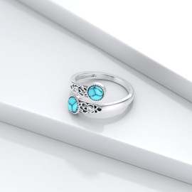 ABIGY Turquoise Ring 925 Sterling Silver Double Stone Ring Vintage Floral Ring Adjustable Ring Turquoise Jewellery Gift for Women, Sterling Silver, Turquoise
