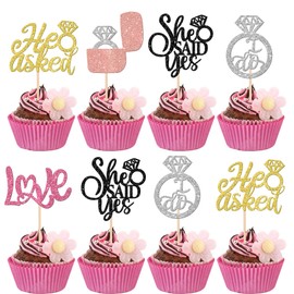 30 piezas de adornos para magdalenas con texto "He Asked She Said Y", anillos de diamantes, para decoración de tartas de despedida de soltera, decoración de tartas para bodas, artículos temáticos para fiestas de bodas