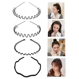 SATiNU Headband Set of 4, Men's, 4 Types, Painless, Rust Resistant Plating, Springs, Hair Band, Wavy Shape, Comb, Anti-Slip, Black, Simple, Fixed Bangs, Firm, Stylish, Hair Ornament, Face Washing,
